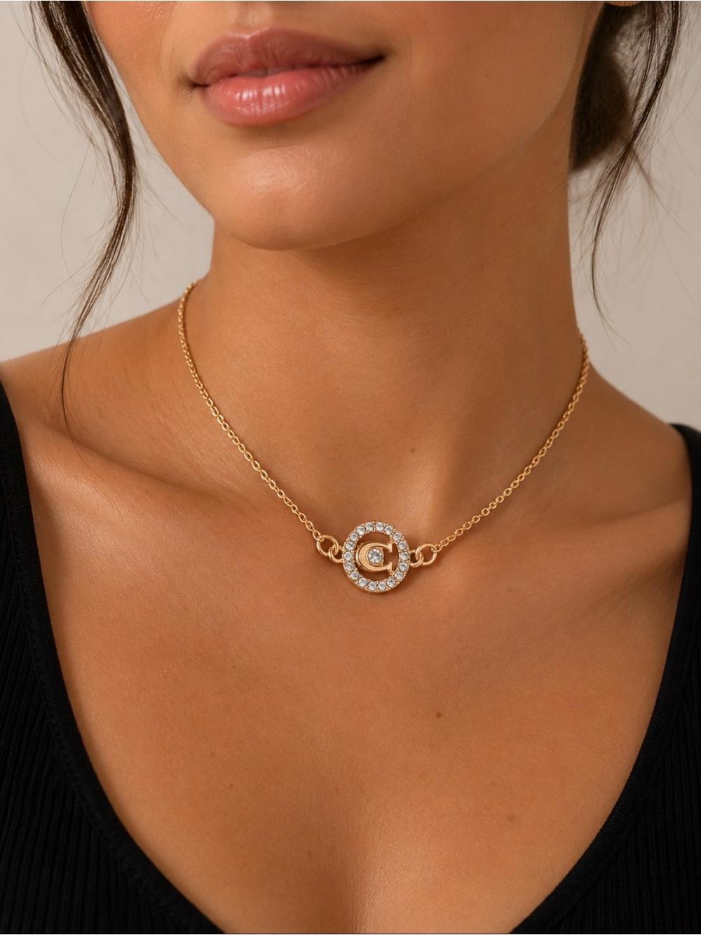 Coach Gold Crystal 'C' Circle Pendant Necklace - Picture 3 of 4
